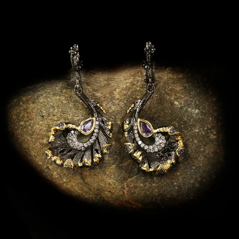 Black & Gold Style Zircon Curly Leaf Long Earrings