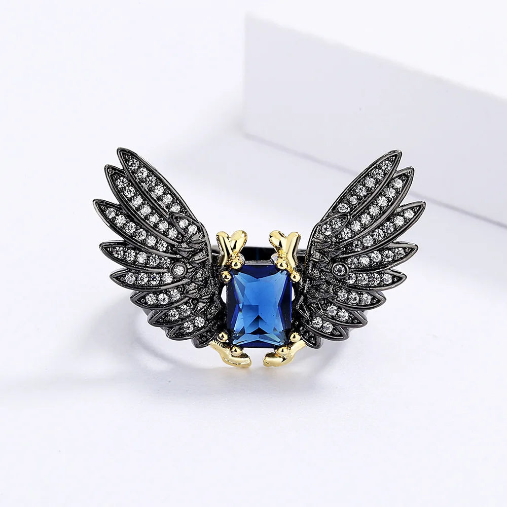 Micro- Blue Zircon Black & Gold Style Demon Wings Ring