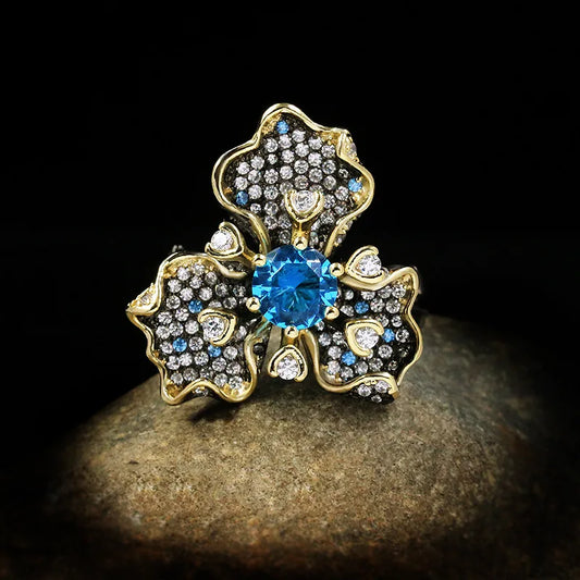 Three Petal Flower Rings Blue Zircon Rings Black & Gold Style Rings