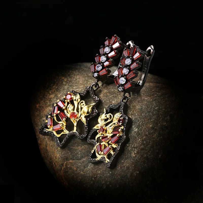 Black & Gold Style Red Floral Zircon Earrings Light Earrings