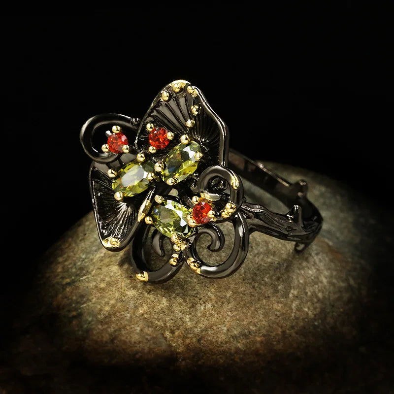 Vintage Palace Embossed Green Zircon Flower Black & Gold Style Rings