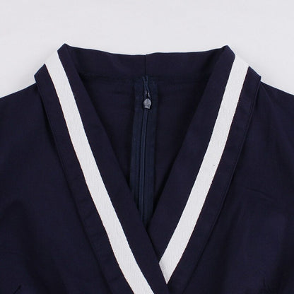 Navy Blue / White Stripe Pleated Dress 3/4 Sleeves