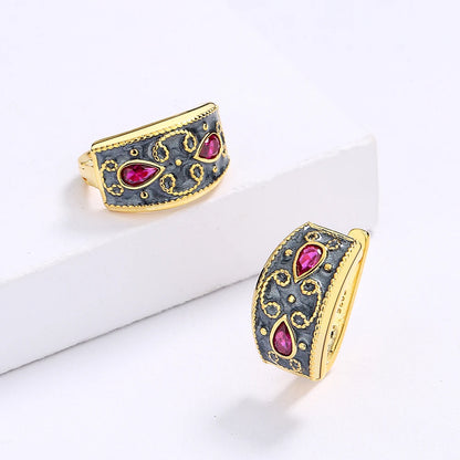 Earrings Gold Red Zircon Earrings Classic Black & Gold Style