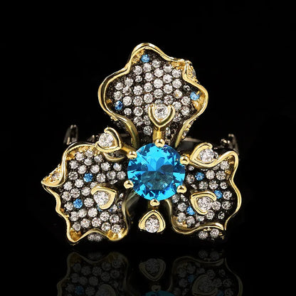 Three Petal Flower Rings Blue Zircon Rings Black & Gold Style Rings