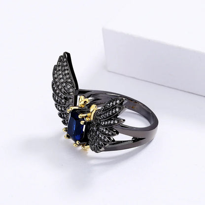 Micro- Blue Zircon Black & Gold Style Demon Wings Ring