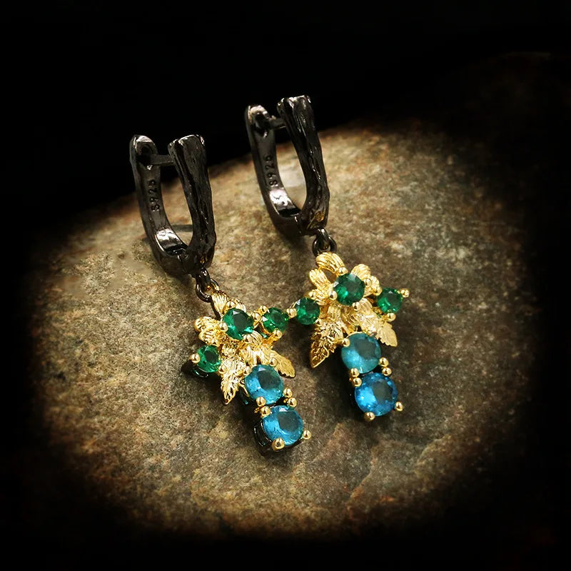 Blue Geometric Zircon Drop Flower Earrings