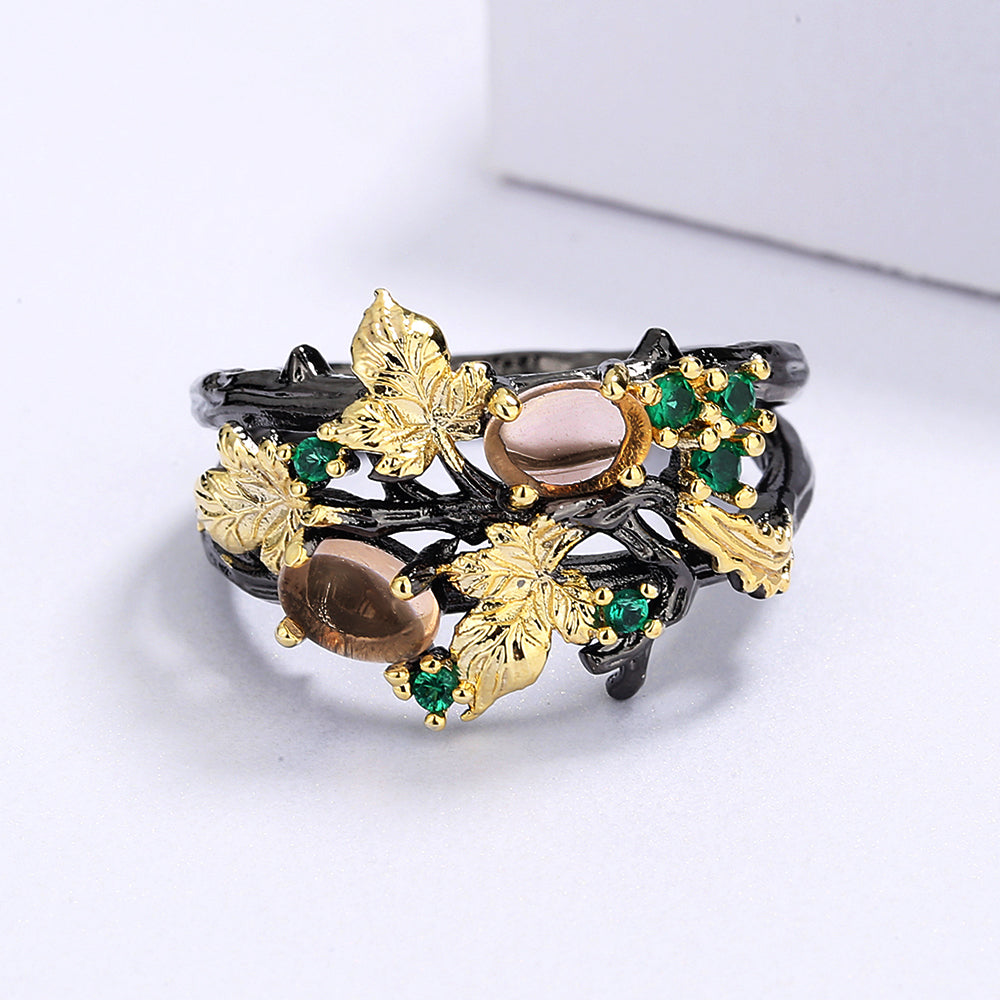 Gorgeous Black & Gold Style Crystal Zircon Leaf Rings