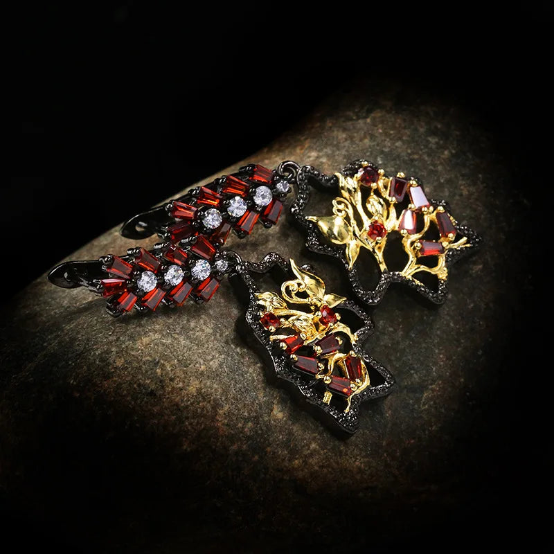 Black & Gold Style Red Floral Zircon Earrings Light Earrings