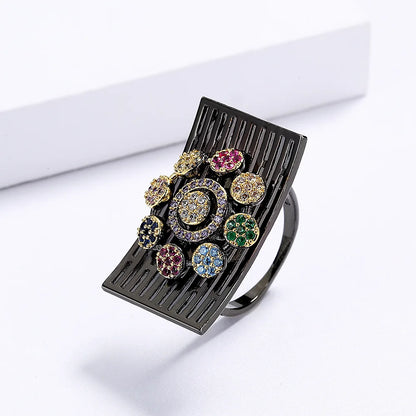 Black & Gold Style Rings Zircon Chrysanthemum Rings