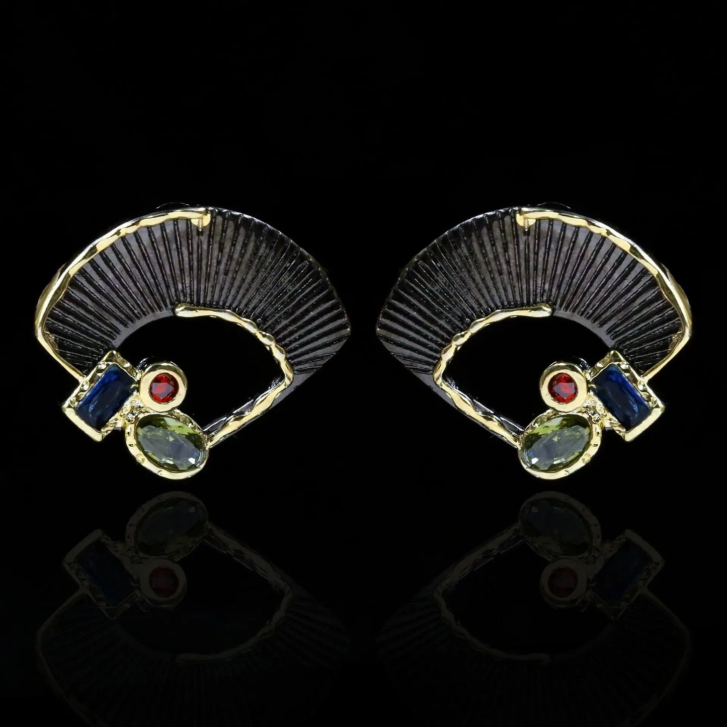 Zircon Black & Gold Fan Earrings