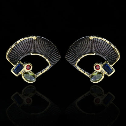 Zircon Black & Gold Fan Earrings