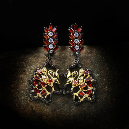 Black & Gold Style Red Floral Zircon Earrings Light Earrings