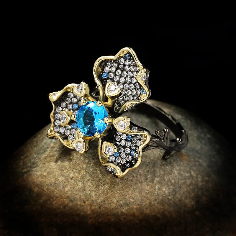 Three Petal Flower Rings Blue Zircon Rings Black & Gold Style Rings