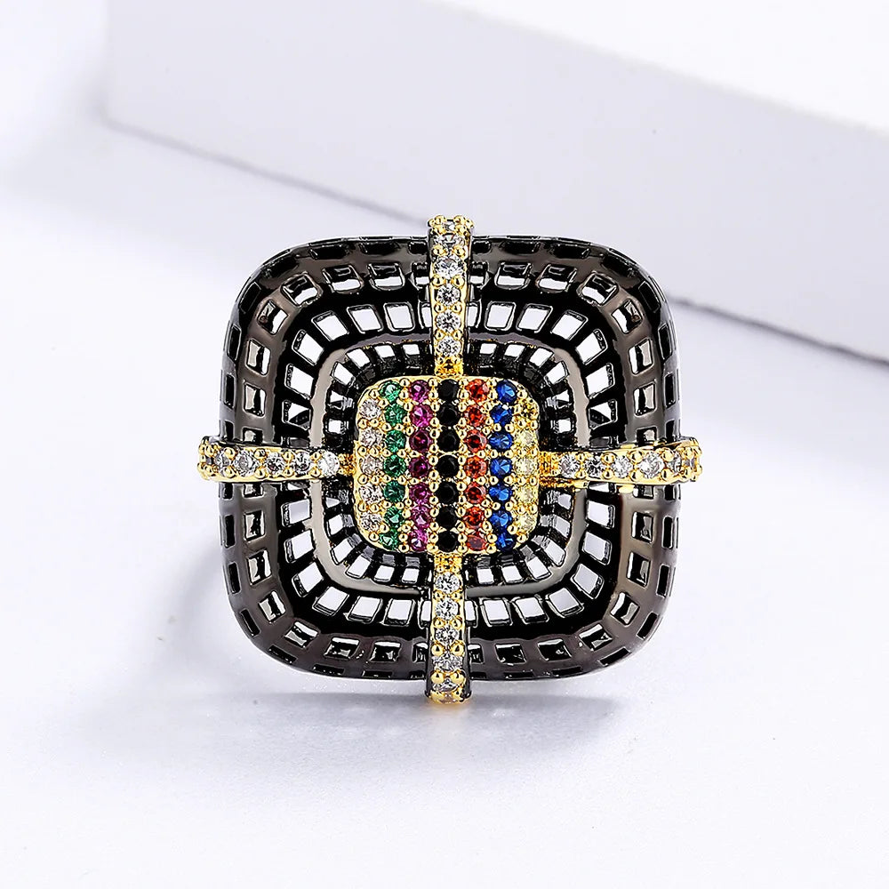 Ring Black & Gold Style Flower Rings Zircon Geometric Black & Gold Style