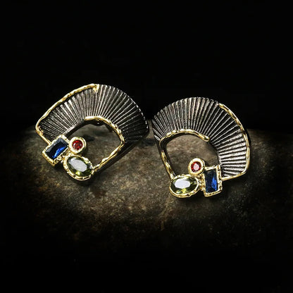 Zircon Black & Gold Fan Earrings