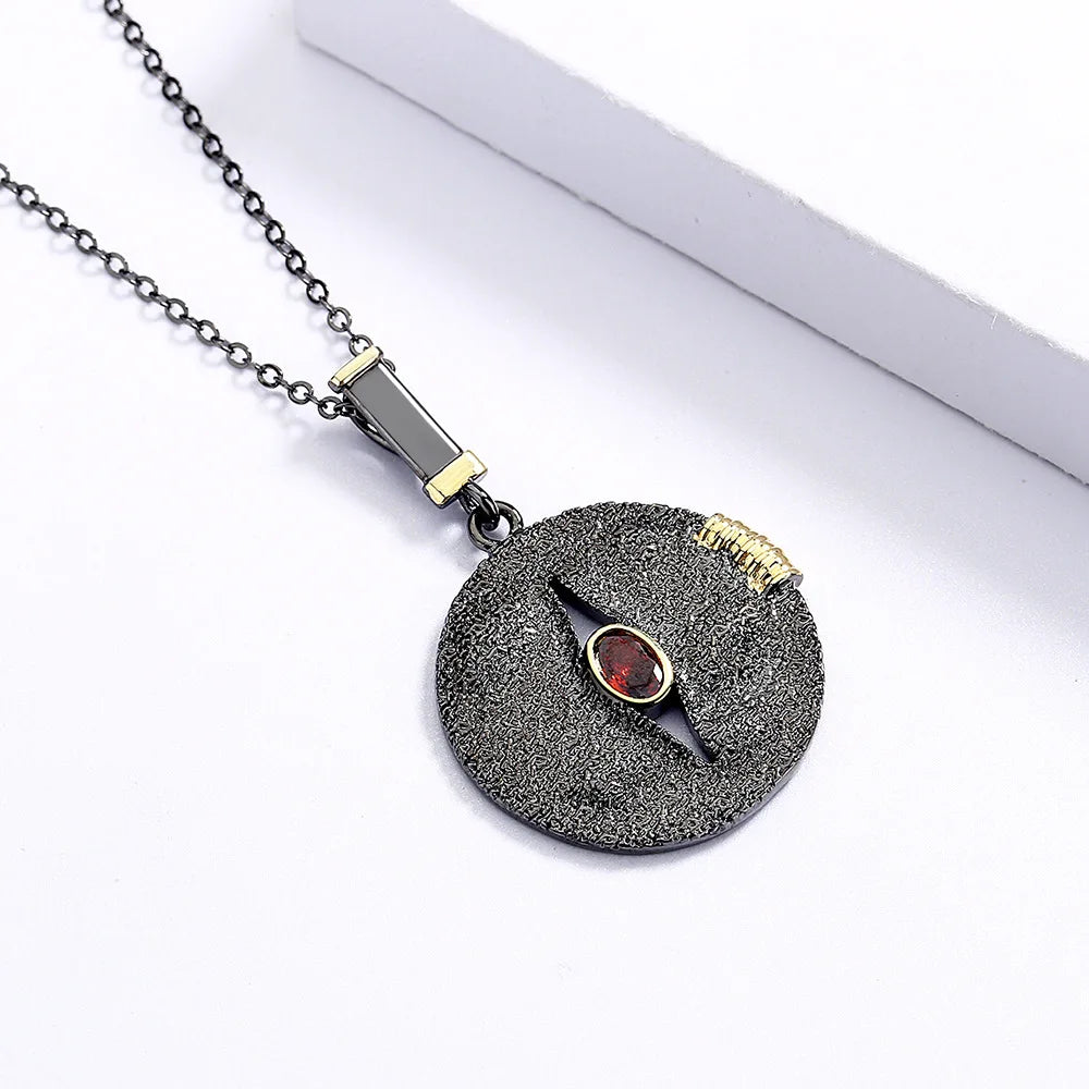 Black & Gold Style Necklace Disc Red Zircon Necklace