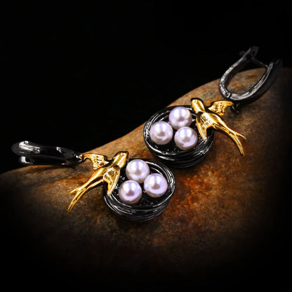 Black & Gold Style Magpie Nest with Pearl Eggs.