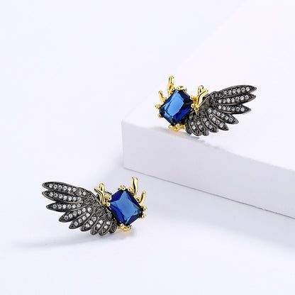 Exaggerated Blue Zircon Earrings Wing Shape Earrings Exquisite BridalEarrings