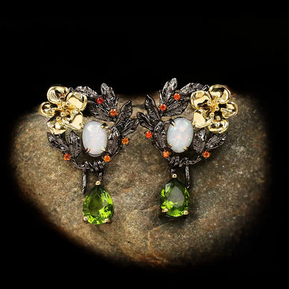 Flower Pearl Green Zircon Drop Earrings Opal Black & Gold Style Earrings