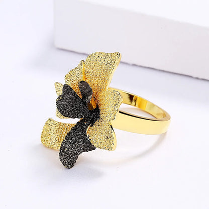 Ring Branch Flower Rings Black & Gold Style Double