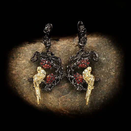 Earrings Magpie Pendant Black & Gold Style Vintage Earrings