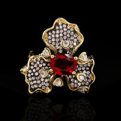 Black & Gold Style Flower with Red Rings Cocktail Flower Ring