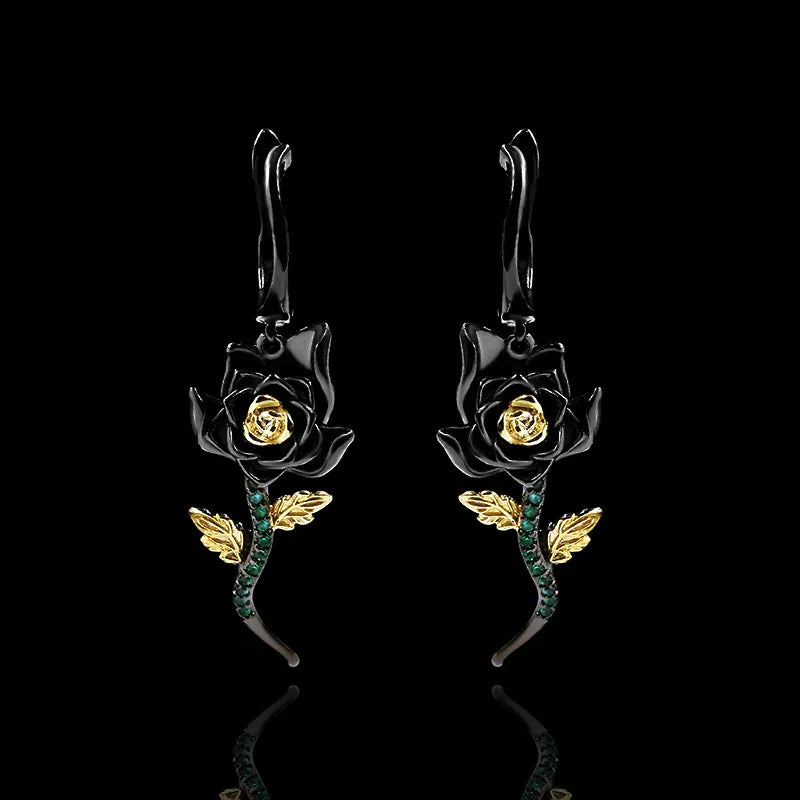 Petite Vintage Black Rose Emerald Zircon Earrings