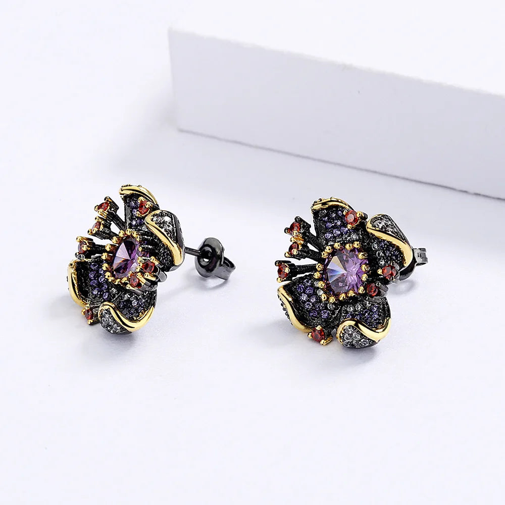 Black & Gold Style Flower Earrings with Purple & Red Zircon Gemstones