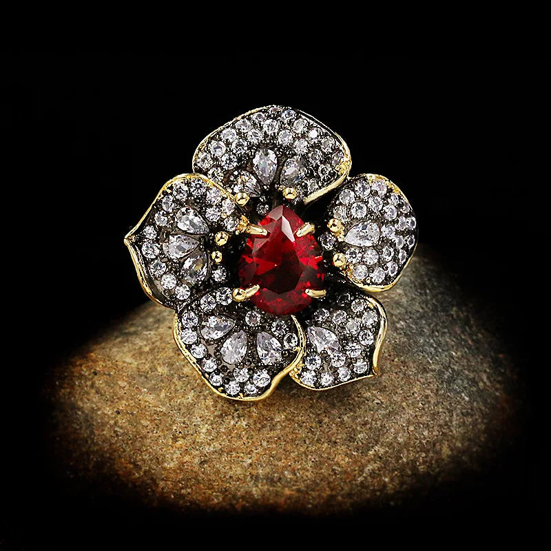 Classic Black & Gold Style Red Zircon Flower Rings