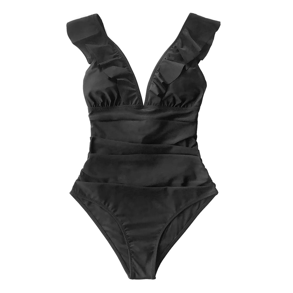 V-neck Ruffled One Piece Monokini Swimwear