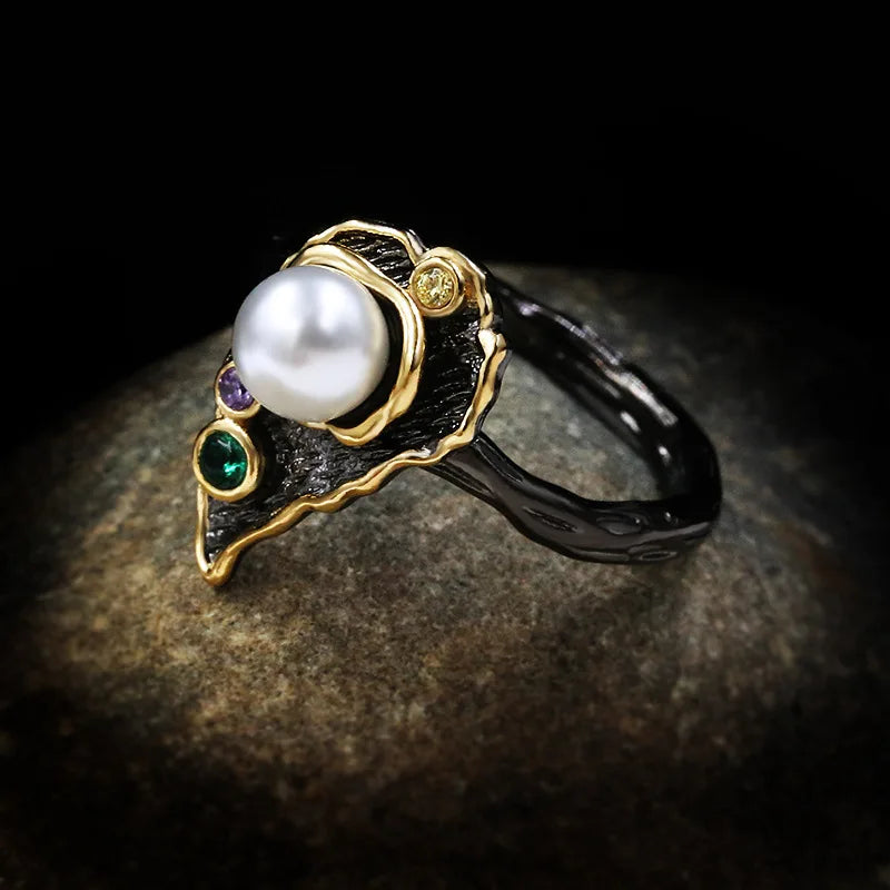 Vintage Black & Gold Style Rings with Natural Freshwater Pearl