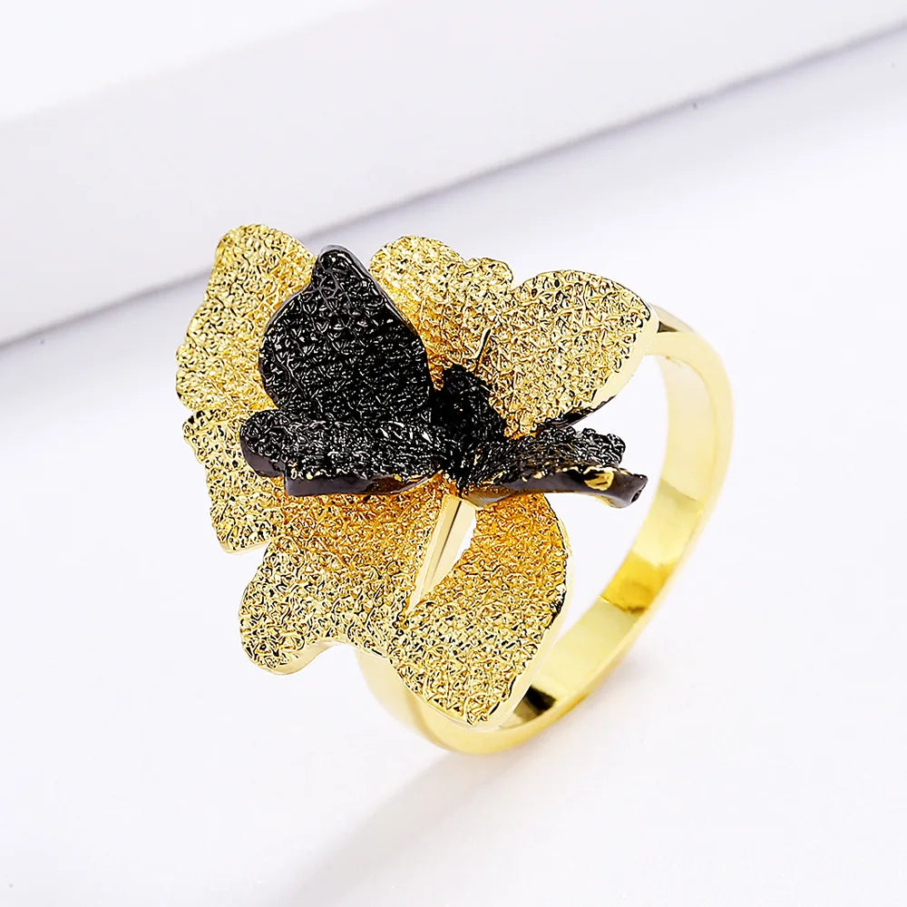 Ring Branch Flower Rings Black & Gold Style Double