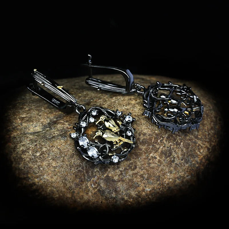 Black & Gold Style Series Zircon Bird Earrings