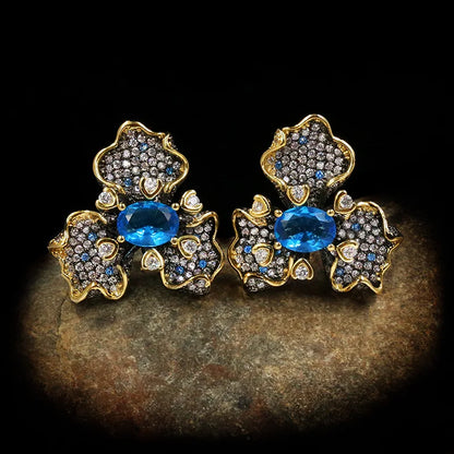 Earrings Dark Blue Zircon Flowers Earrings