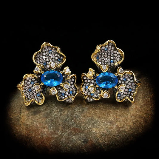 Earrings Dark Blue Zircon Flowers Earrings