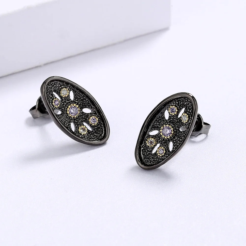 Black & Gold Style Earrings Zircon Flower Earrings