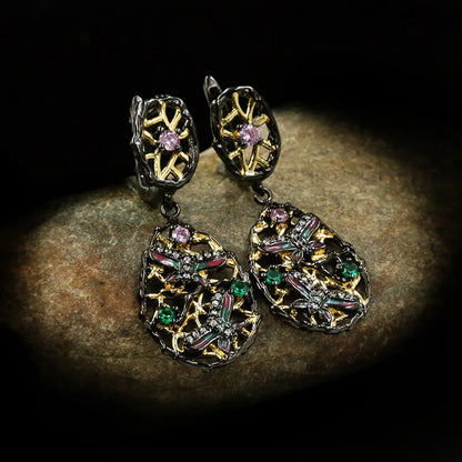 Gothic Butterfly Black & Gold Emerald Zircon Earrings