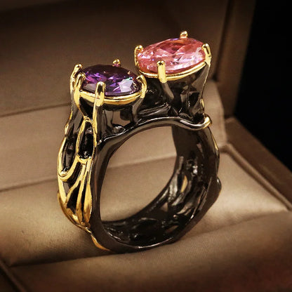 Zircon Black & Gold Style Pink & Purple Zircon Round Cocktail Rings