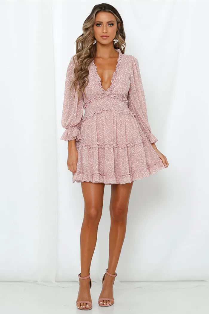 Vintage Rose Deep V-Neck Chiffon Mini Dresses