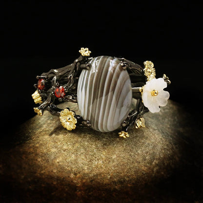 Floral Black & Gold Style Rings with Rose or Random Gemstone