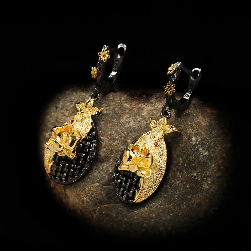 Embossed Carved Flower Drop Black & Gold Style Earrings