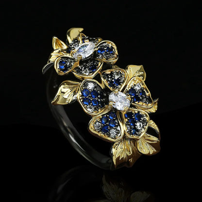 Ring Flower Rings Zircon Black & Gold Style Rings