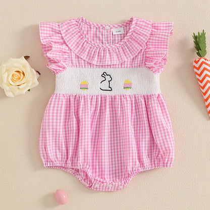 Girl's Embroidered Easter Bunny Plaid Ruffled Rompers