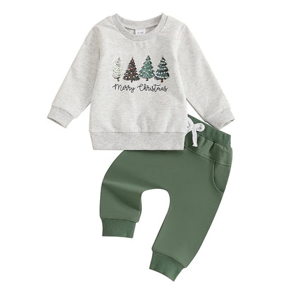 Boy's 2-Piece Christmas "Merry Christmas" Trees Sweatshirt & Pants Sets