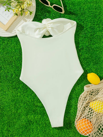 White Flower Bandeau SwimwearPush UP Hollow One Piece Swimsuit Monokini High Cut Beach Bathing Suit