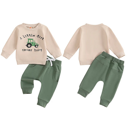 2-Piece Fall / Winter Outfits! Boy's "A Little Dirt Never Hurt" Tractor Sweatshirt & Pants Sets