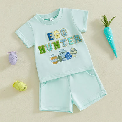 Boy's Easter Shorts Embroidered Eggs T-shirt & Shorts