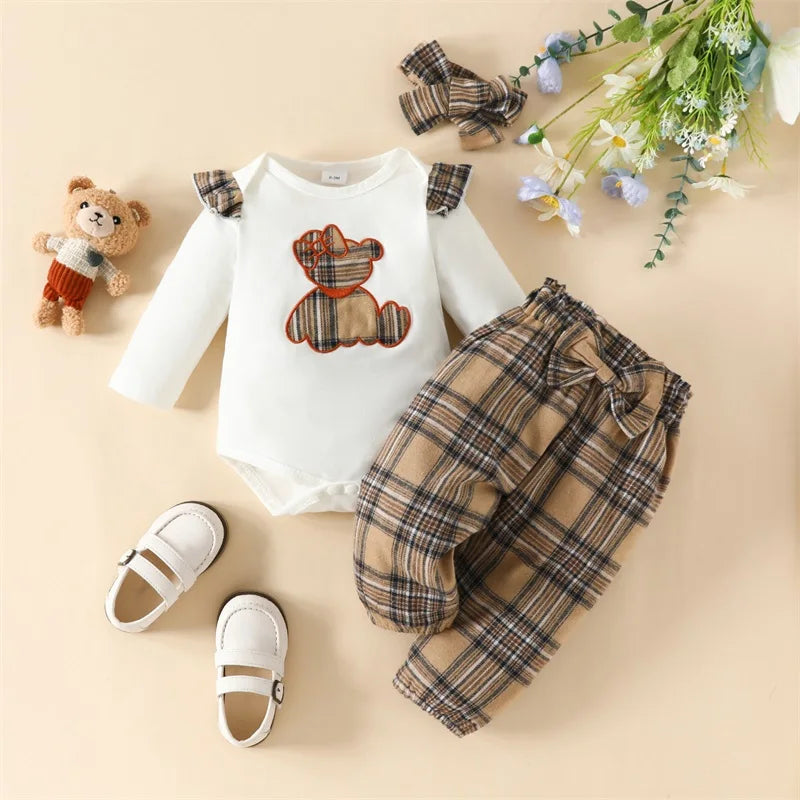 3-Piece Fall Outfits! Girl’s Long Sleeve Rompers, Pants & Headband Sets