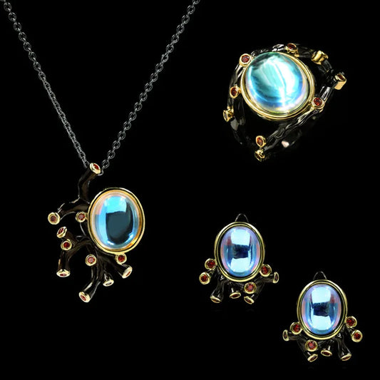 3-Piece Moonlight Zircon Black & Gold Style Rings, Necklace & Earrings Sets