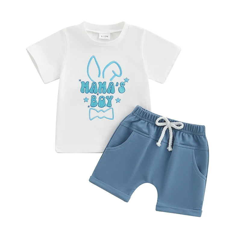 Boy's 2-Piece Embroidered "Mama's Boy" & Easter Bunny T-Shirt & Shorts Sets